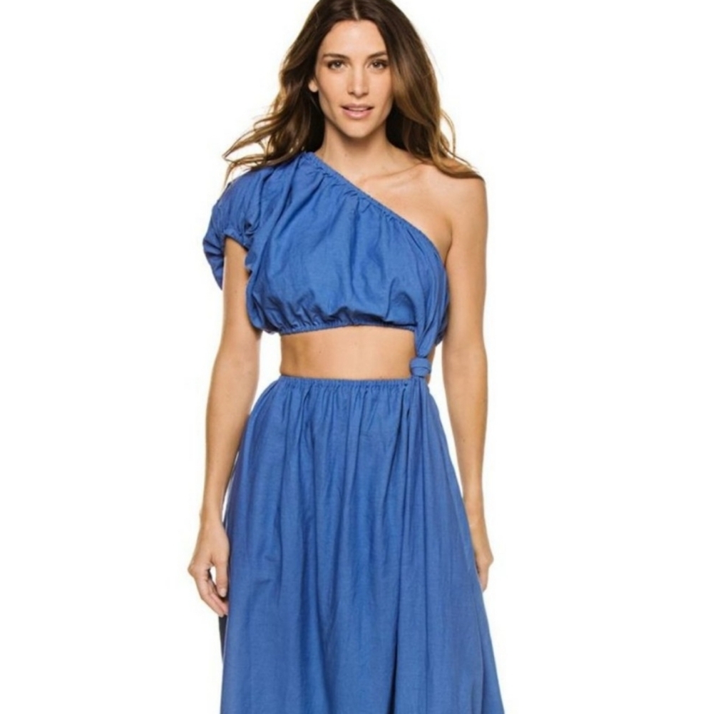 Blue One-Shoulder Crop Dress by